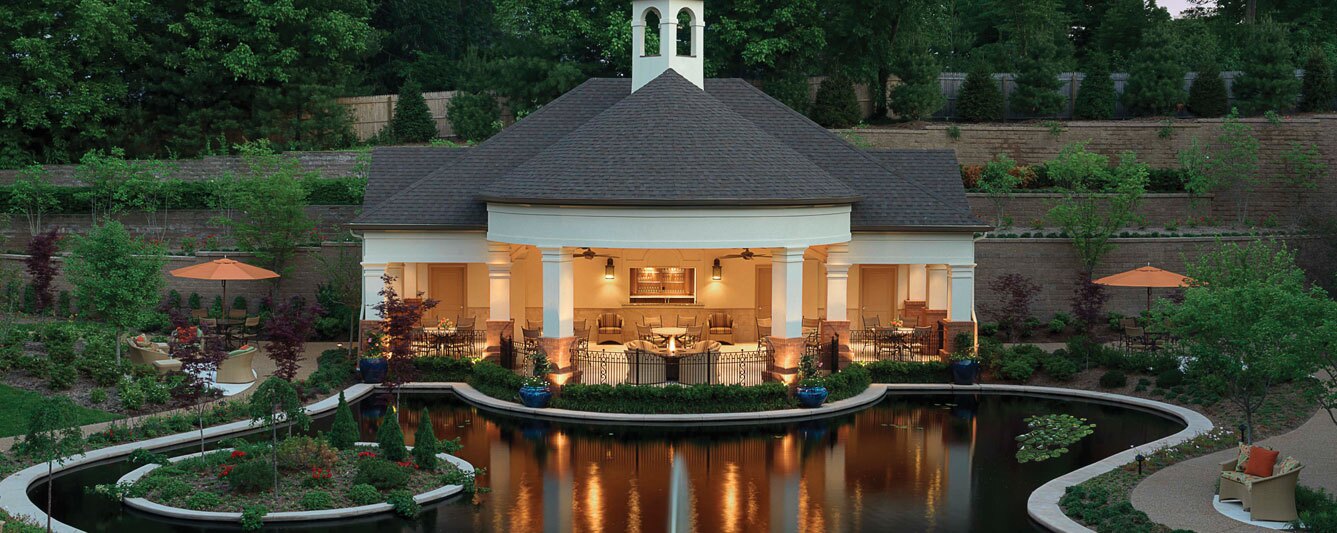 Nighttime view of the pond from above