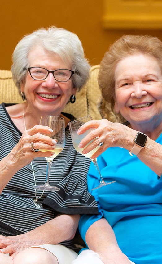 Two women toasting their glasses.