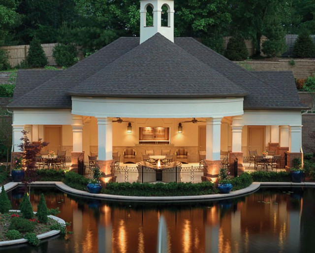 Nighttime view of the pond from above