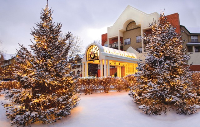 The Gatesworth exterior in the snow with lights