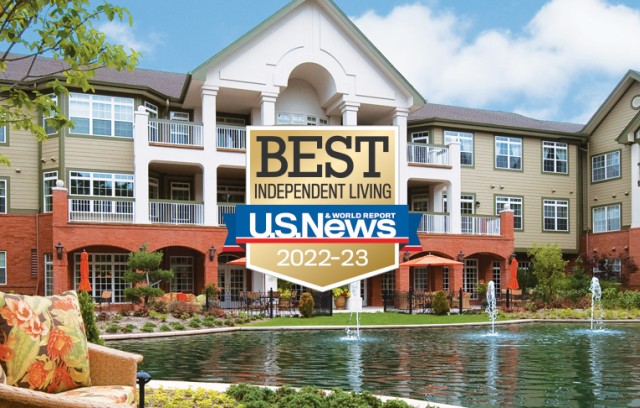 Exterior shot of The Gatesworth pond with a graphic reading U.S. News and World Report best independent living.