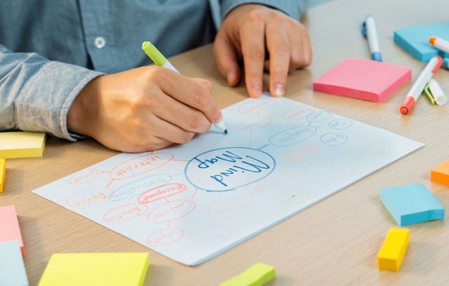 A closeup of a person's hands writing ideas with marker on a web chart titled Mind Map.