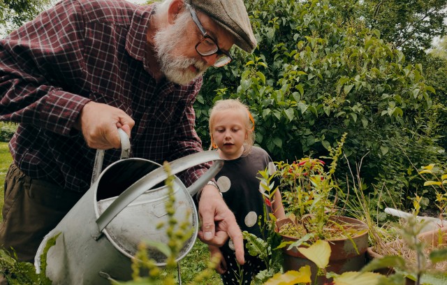 A man waters plants with his grandchild, demonstrating a healthy intergenerational relationship.