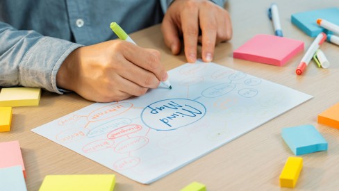 A closeup of a person's hands writing ideas with marker on a web chart titled Mind Map.