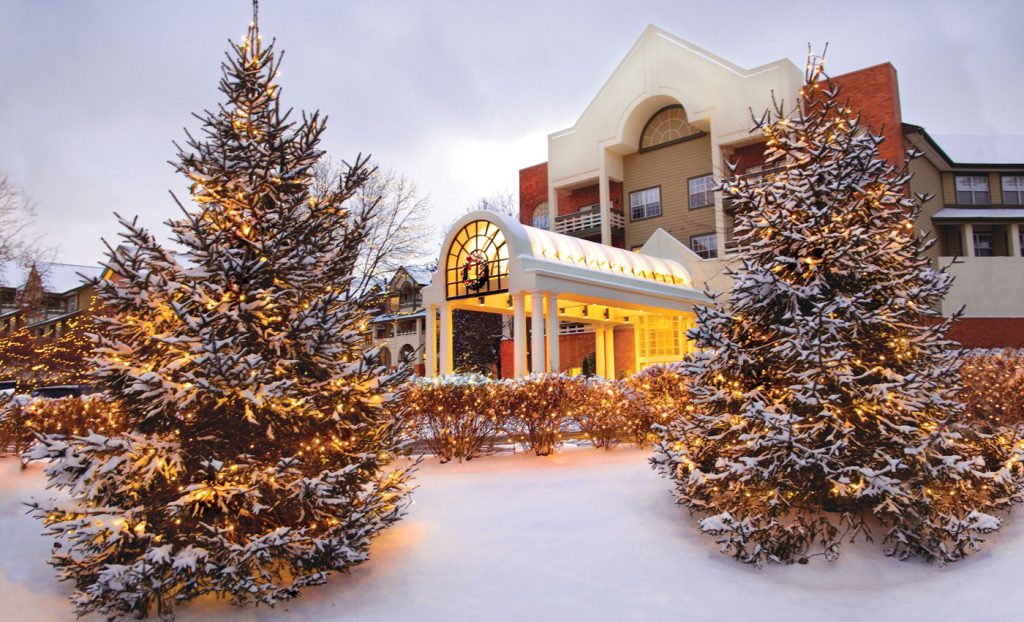 The Gatesworth exterior in the snow with lights