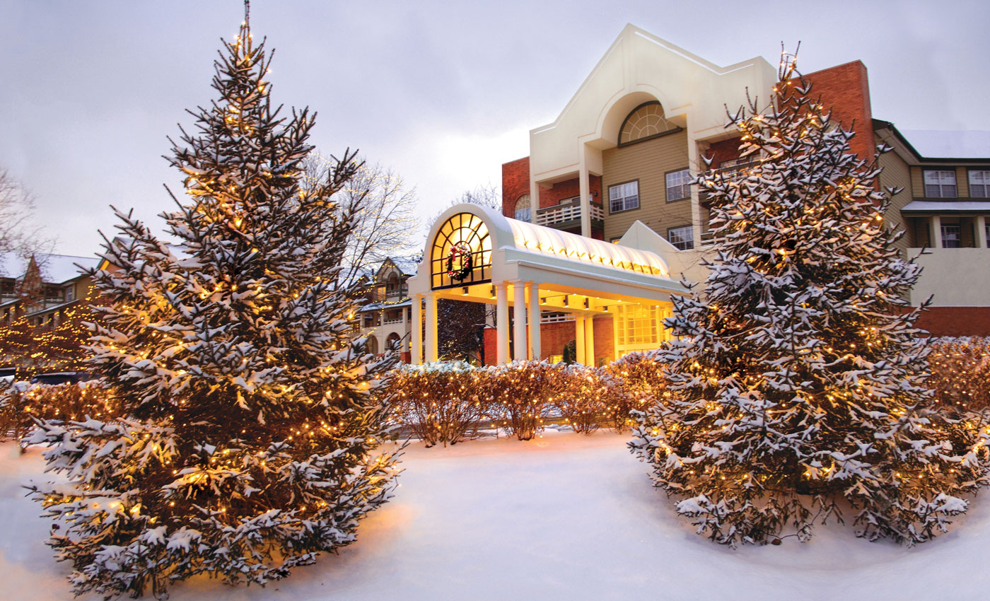 The Gatesworth exterior in the snow with lights