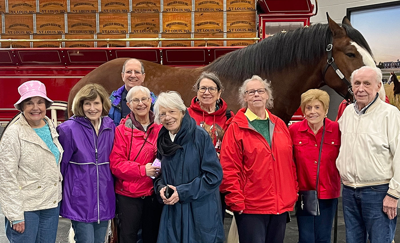 Residents standing in front a horse on brewery tour.